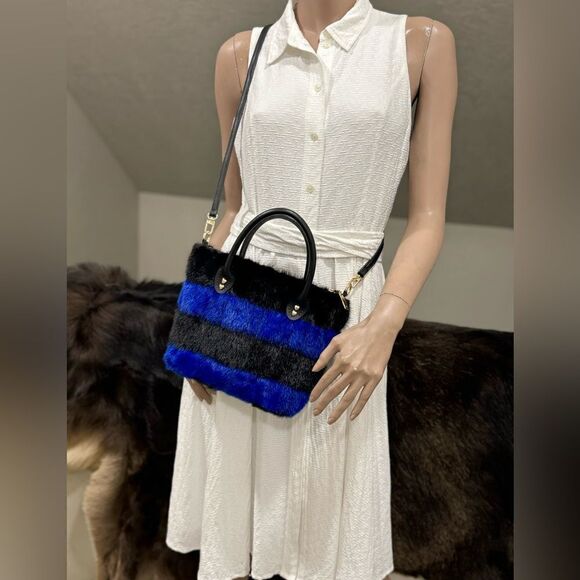 Striped Colorblock Handmade Real Mink Fur Mini Tote, Top Handle Bag, Crossbody - Picture 10 of 16